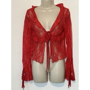 Red Sheer Mesh Tie Front Crop Top Womens S Flare Sleeve Dainty Sexy Festival